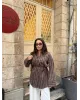 قميص مخطط مع حزام رفيع - بني
