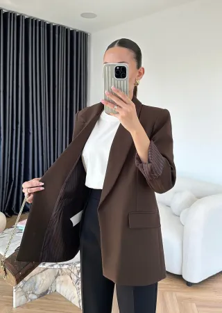 بليزر مبطن بأكمام مقلمة - بني