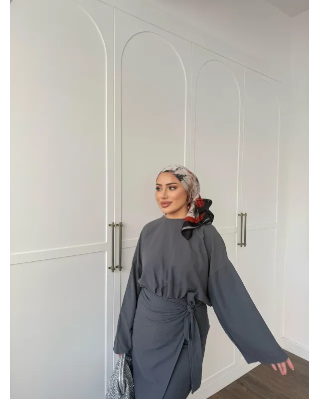 Side-Tied Skirt Set – Dark Gray