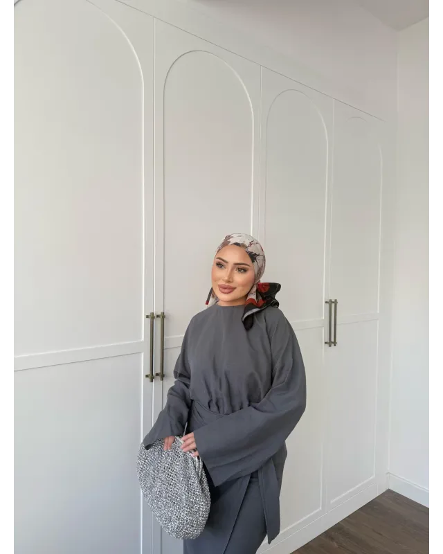 Side-Tied Skirt Set – Dark Gray