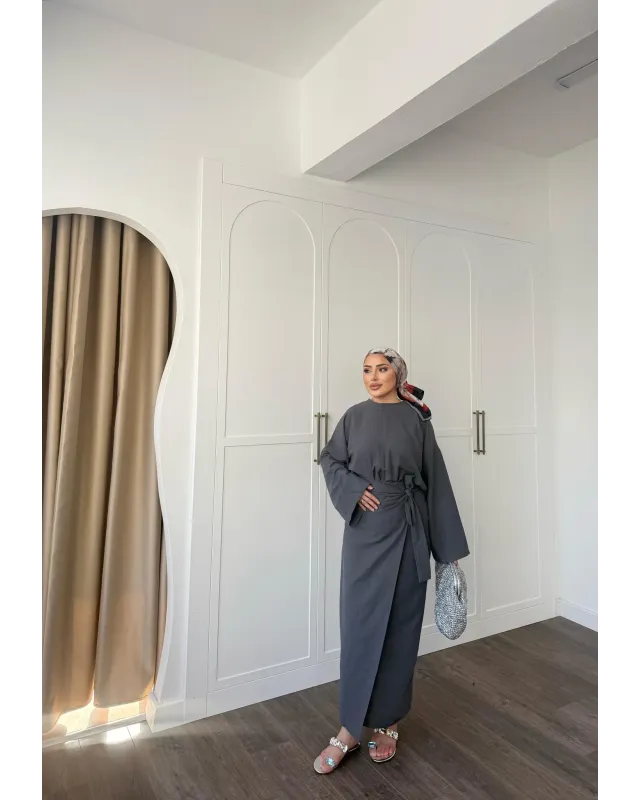 Side-Tied Skirt Set – Dark Gray