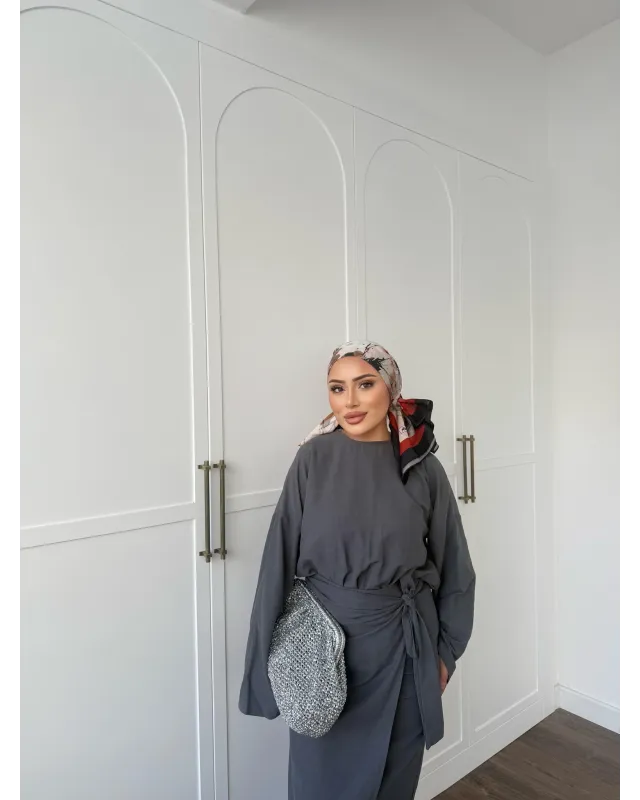 Side-Tied Skirt Set – Dark Gray