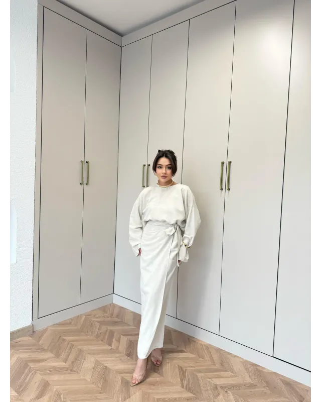 Side-Tied Skirt Set – Beige