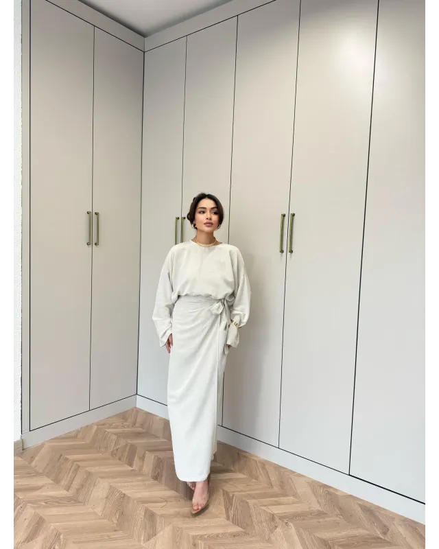 Side-Tied Skirt Set – Beige
