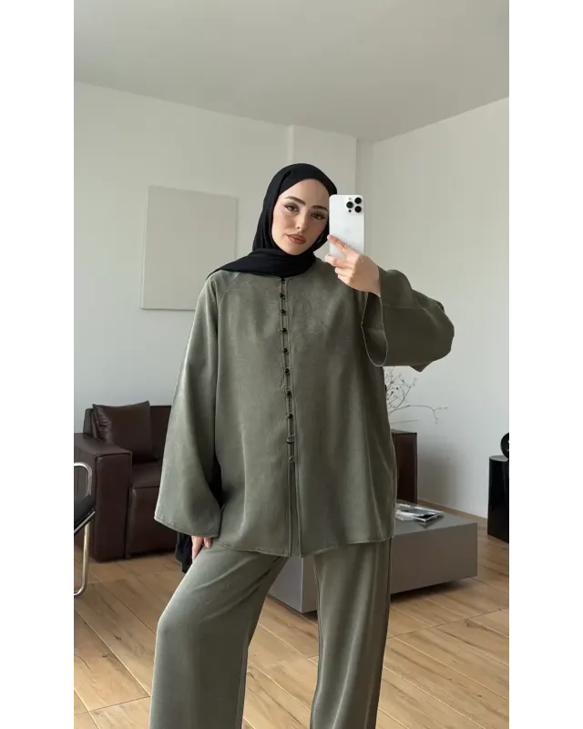 Khaki Button-Detail Set
