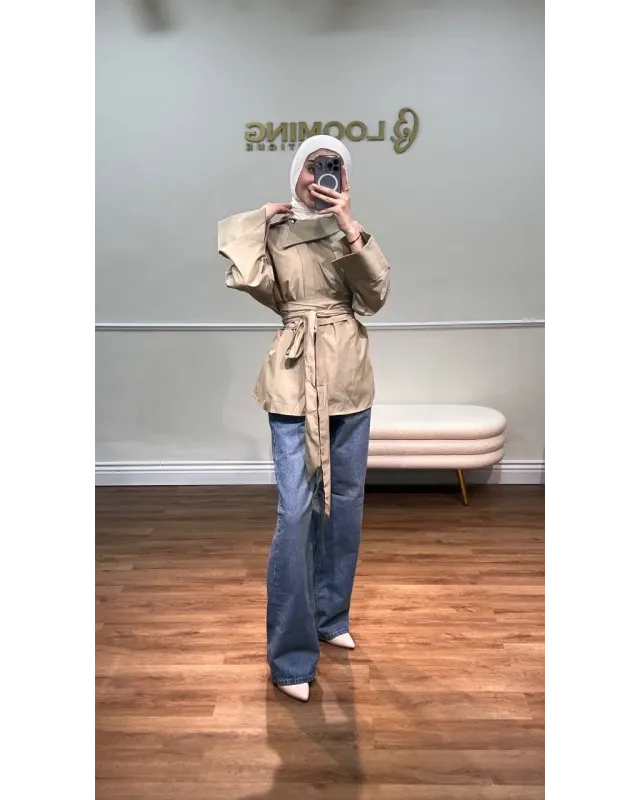 تونيك بوبلين بحزام عريض وأزرار جانبية – كاكي