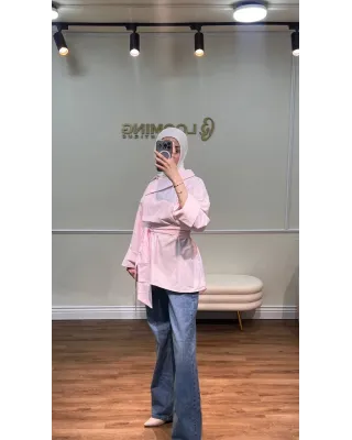 تونيك بوبلين بحزام عريض وأزرار جانبية – زهري