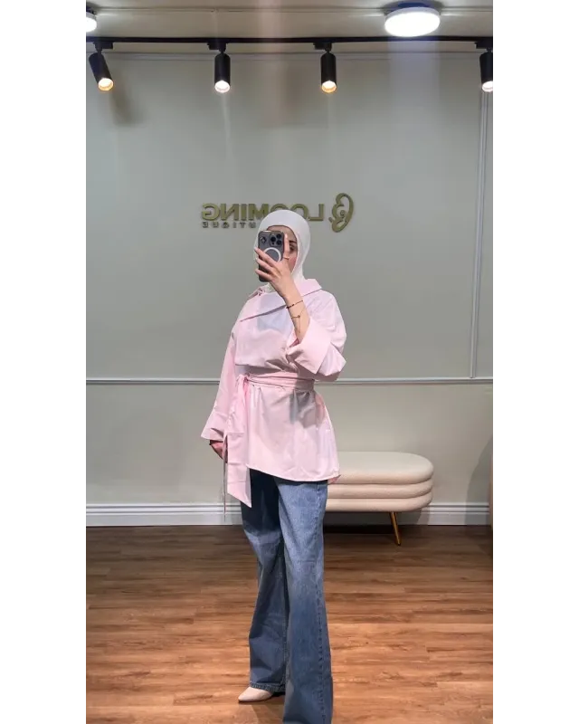 تونيك بوبلين بحزام عريض وأزرار جانبية – زهري