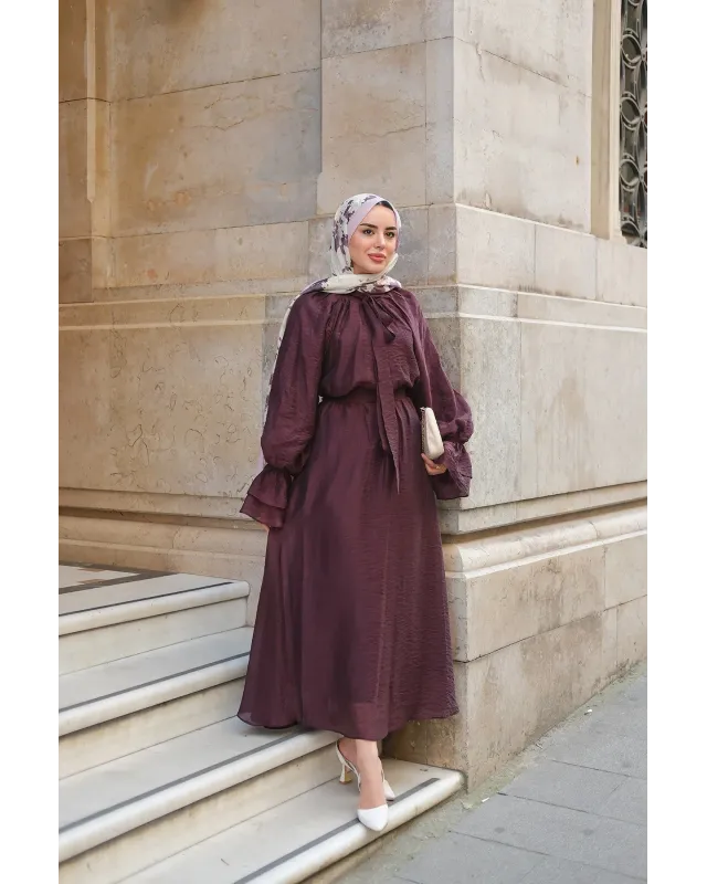 طقم تنورة شيفون مبطن - خمري