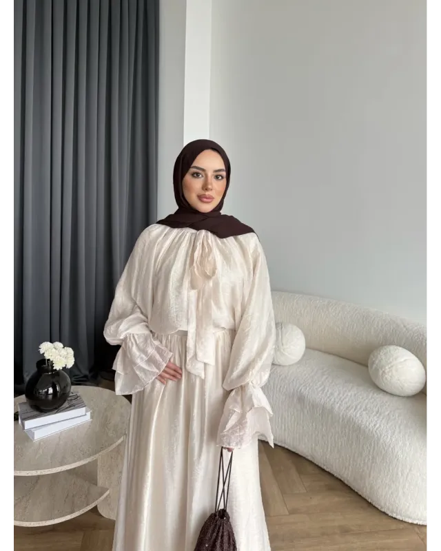 طقم تنورة شيفون مبطن - بيج فاتح