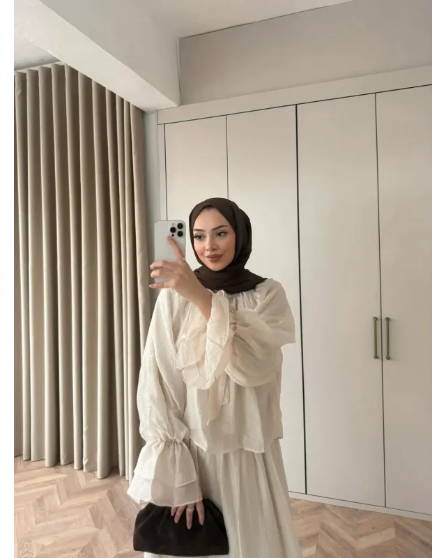 طقم تنورة شيفون مبطن - بيج فاتح