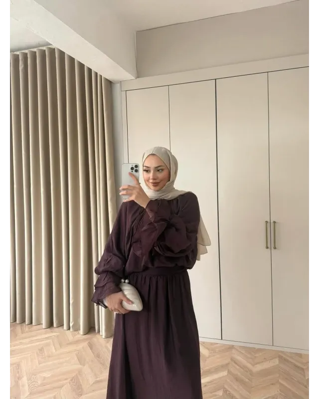 طقم تنورة شيفون مبطن - بني