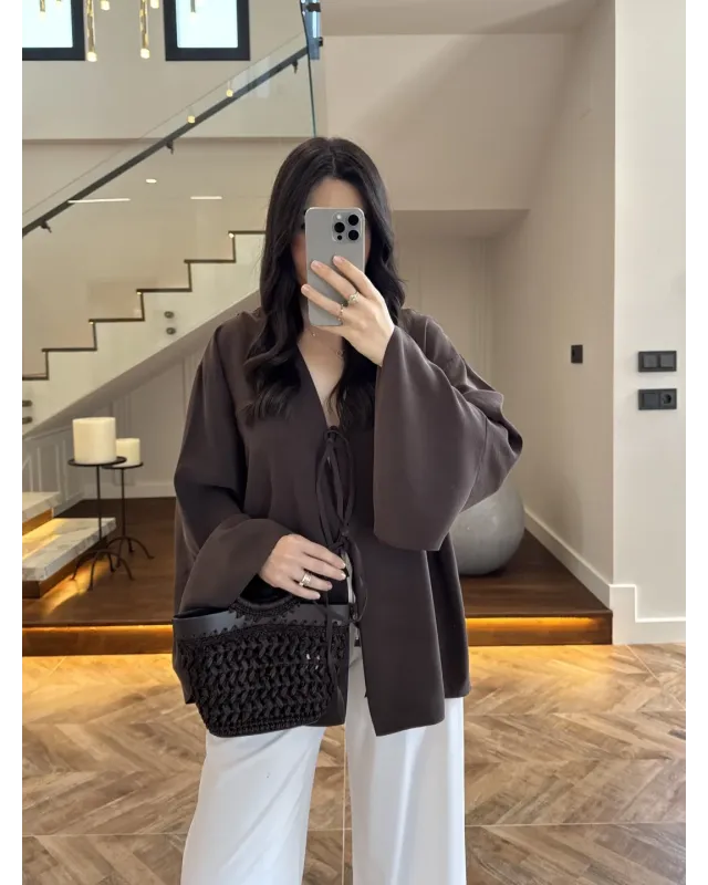 Coffee Front-Tie Kimono