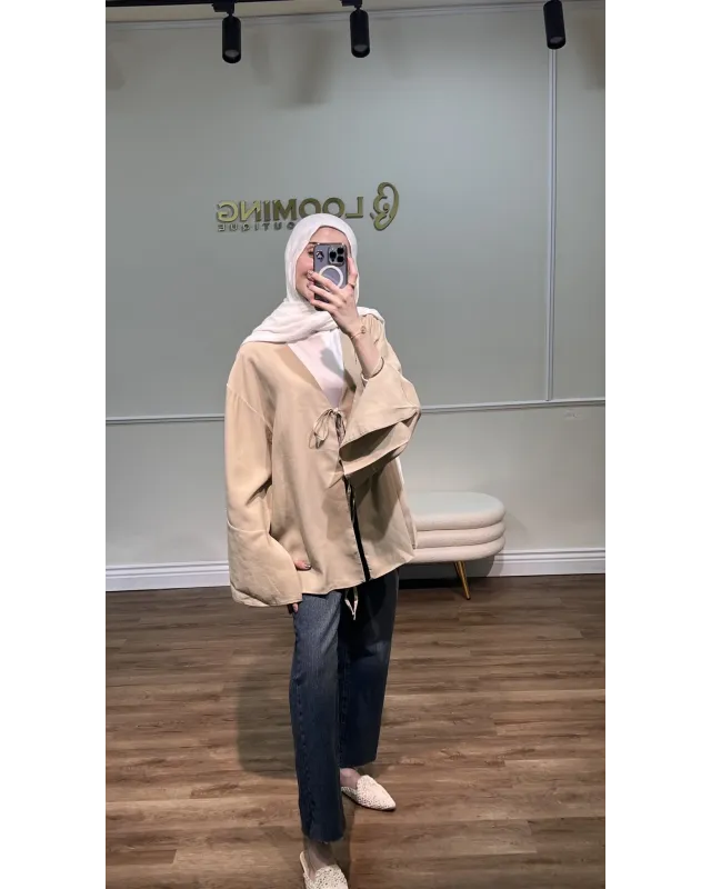 Beige Front-Tie Kimono
