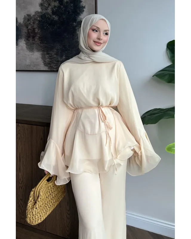 Beige  Layered Chiffon Set - بدون حزام