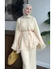 Beige  Layered Chiffon Set - بدون حزام