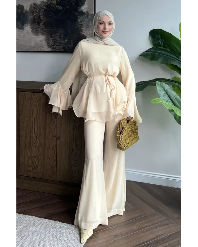 Beige  Layered Chiffon Set - بدون حزام