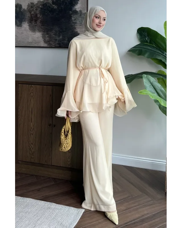 Beige  Layered Chiffon Set - بدون حزام