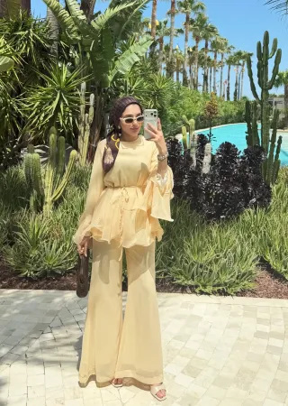 Beige Layered Chiffon Set -With Belt Beige Layered Chiffon Set -With Belt