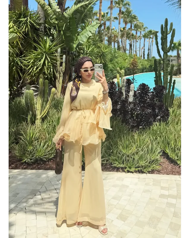 Beige  Layered Chiffon Set - بدون حزام
