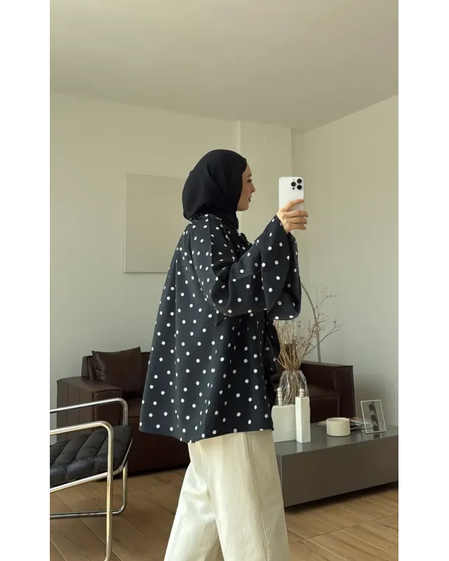 Black Polka Dot Shirt with Ruffle Details