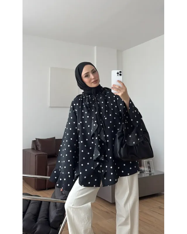 Black Polka Dot Shirt with Ruffle Details