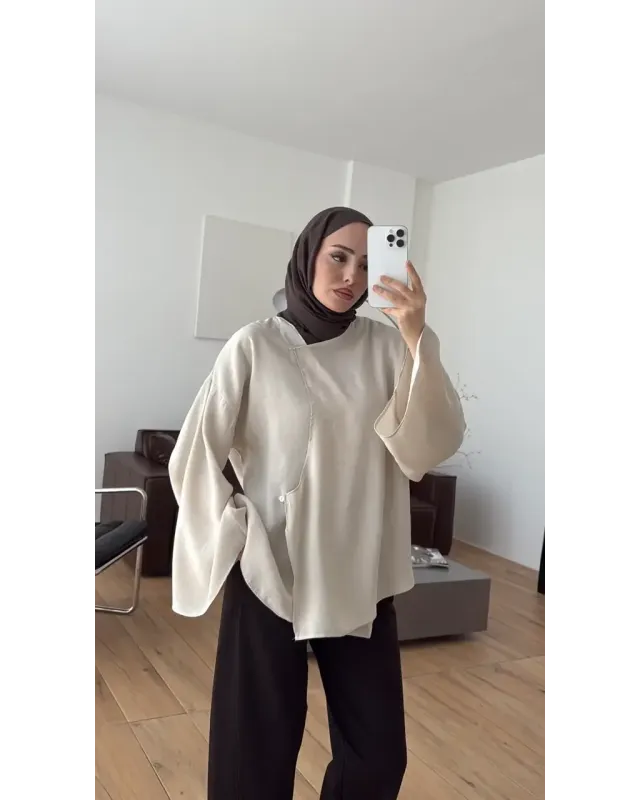 Beige Asymmetric Cut Blouse