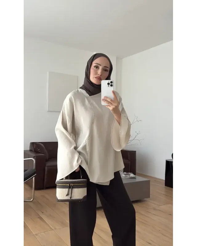Beige Asymmetric Cut Blouse