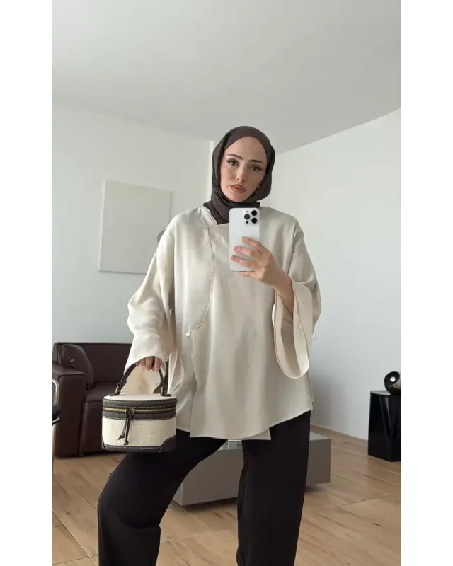 Beige Asymmetric Cut Blouse
