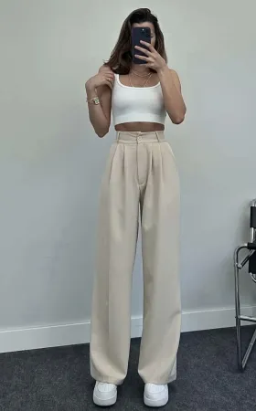 High Waist Palazzo Pants-Beige
