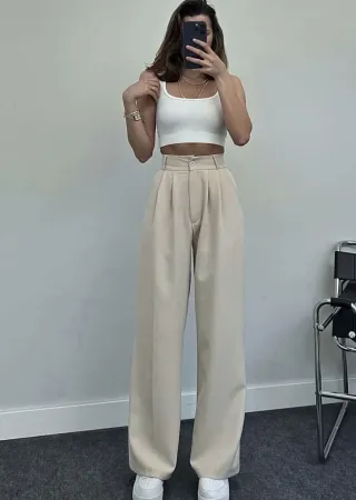High Waist Palazzo Pants-Beige