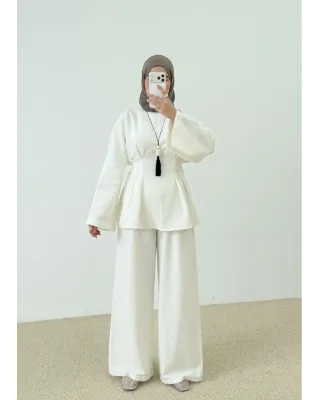 Waist-Detail Pants Set in Linen – White