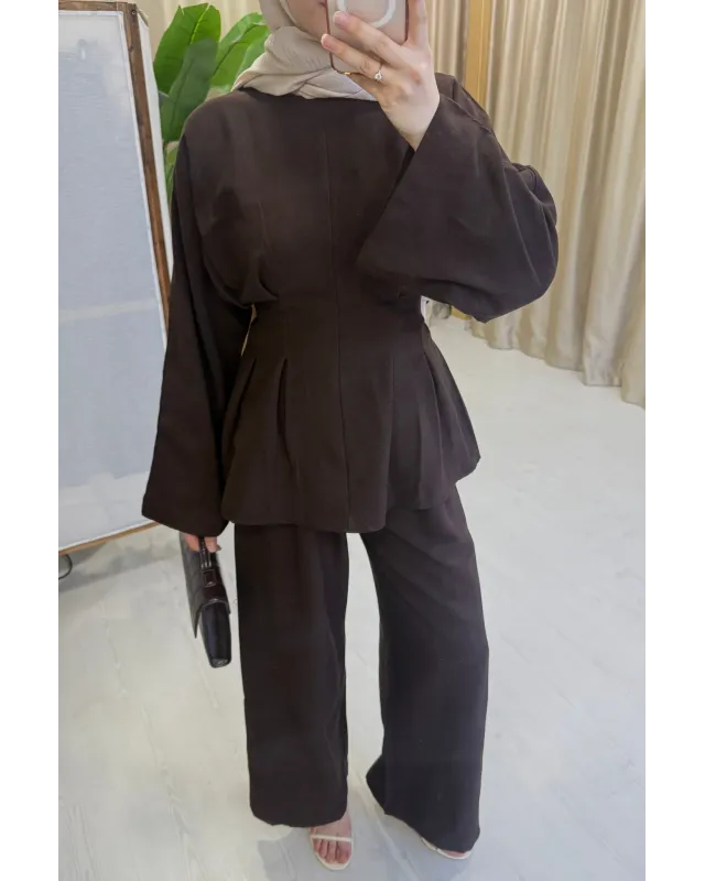 Waist-Detail Pants Set in Linen – Brown Waist-Detail Pants Set in Linen – Brown