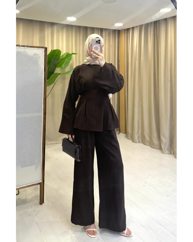 Waist-Detail Pants Set in Linen – Brown Waist-Detail Pants Set in Linen – Brown