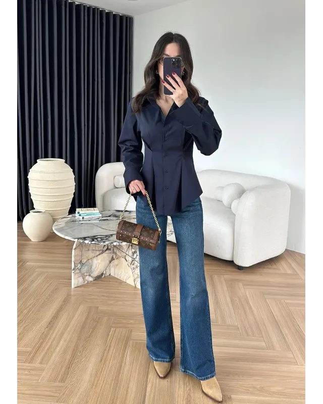 Pleated Waist Shirt – Navy Blue Pleated Waist Shirt – Navy Blue