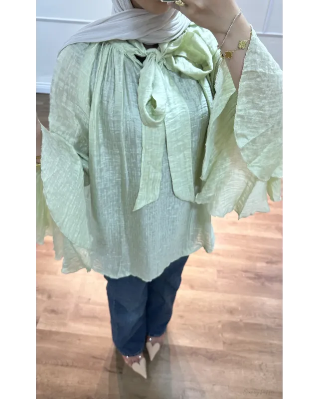 Light Mint Green Shirt with Ruffled Sleeves