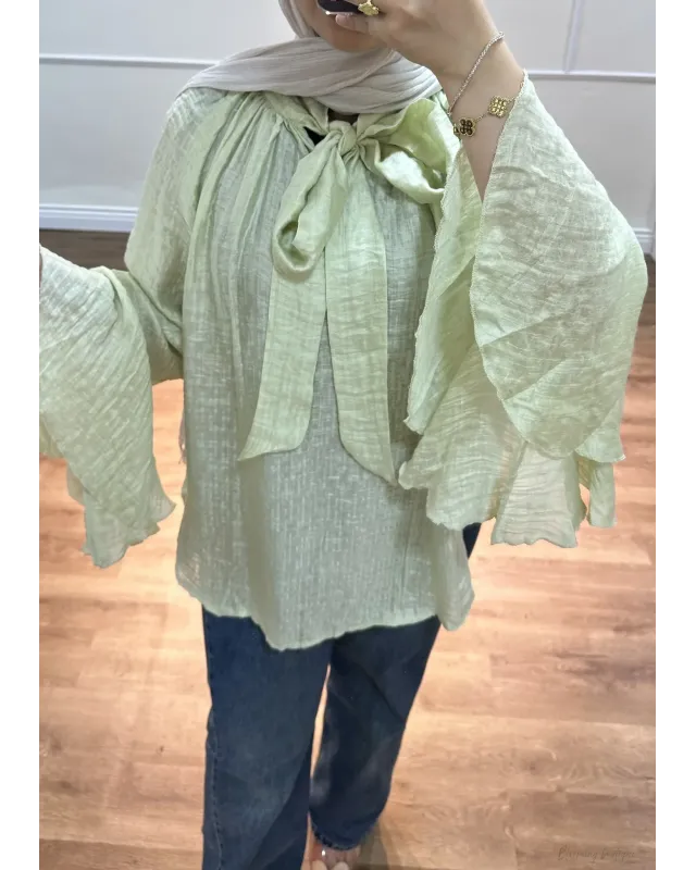 Light Mint Green Shirt with Ruffled Sleeves