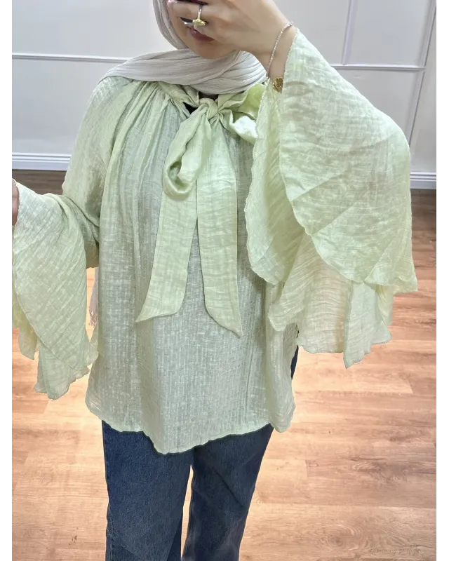 Light Mint Green Shirt with Ruffled Sleeves