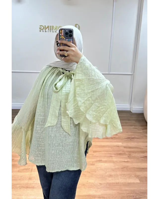 Light Mint Green Shirt with Ruffled Sleeves
