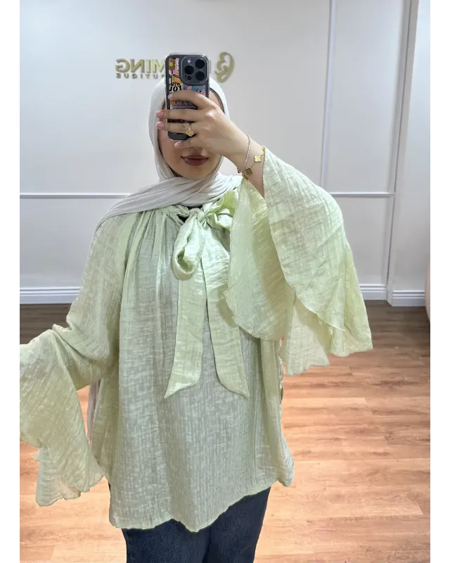 Light Mint Green Shirt with Ruffled Sleeves