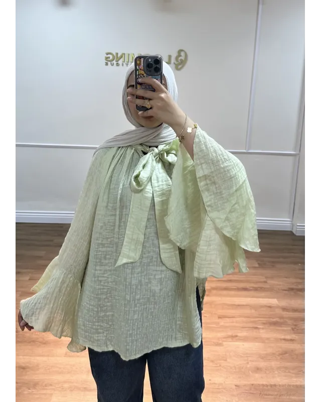 Light Mint Green Shirt with Ruffled Sleeves