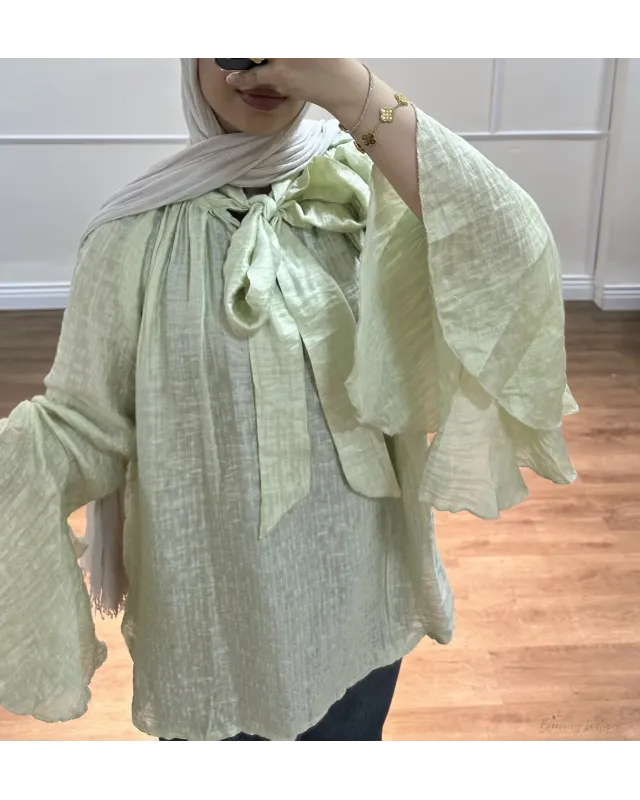 Light Mint Green Shirt with Ruffled Sleeves