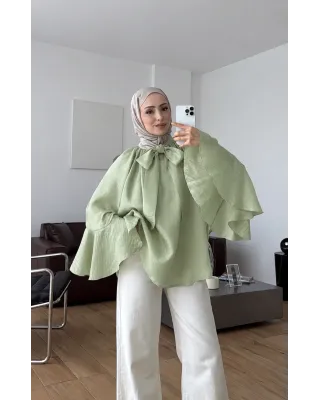 Light Mint Green Shirt with Ruffled Sleeves