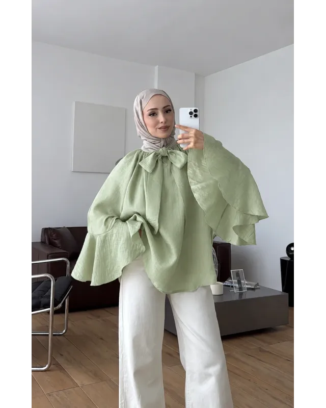 Light Mint Green Shirt with Ruffled Sleeves