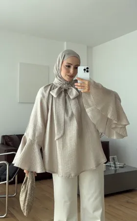 Soft Greige  Shirt with Ruffled Sleeves