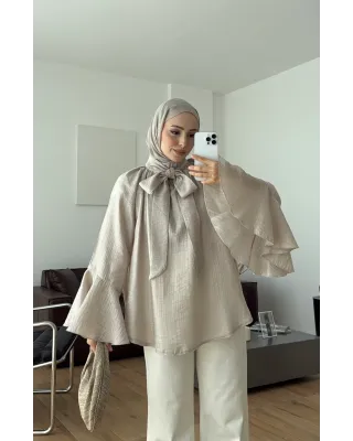 Soft Greige  Shirt with Ruffled Sleeves