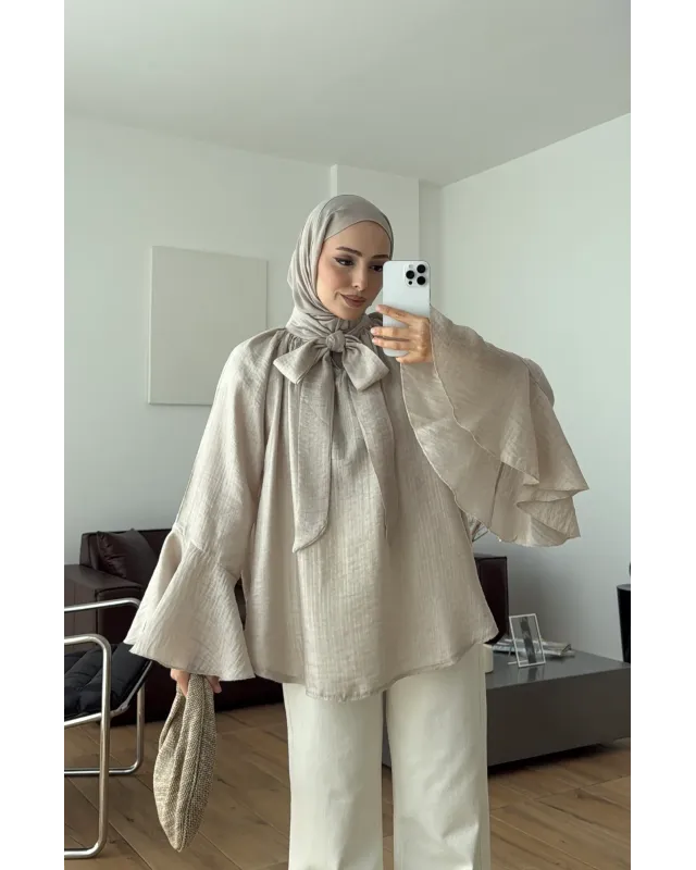 Soft Greige  Shirt with Ruffled Sleeves