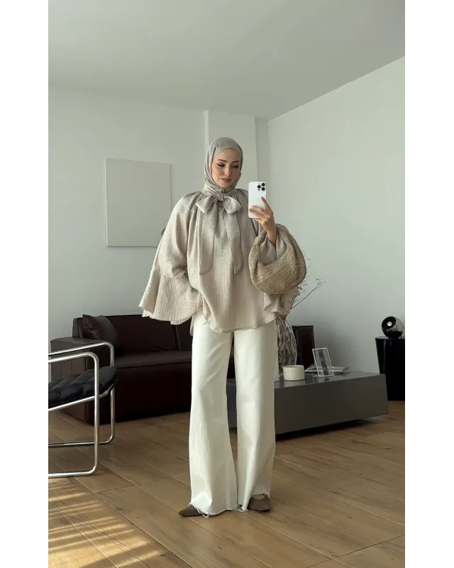 Soft Greige  Shirt with Ruffled Sleeves