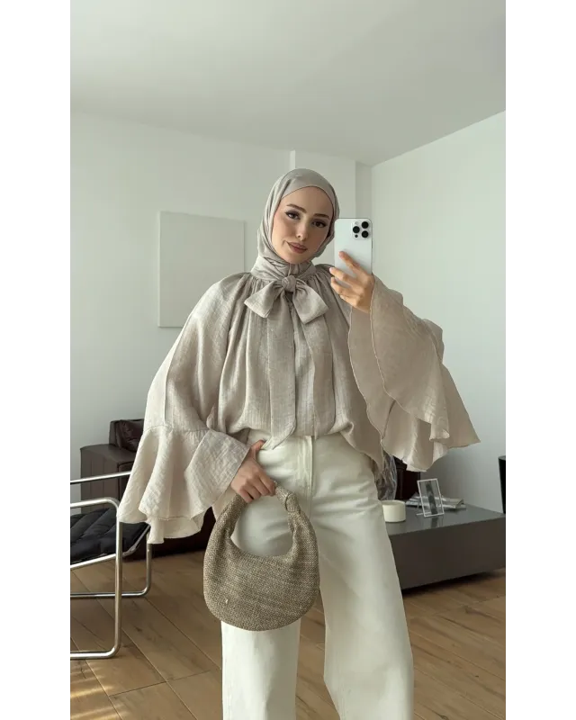 Soft Greige  Shirt with Ruffled Sleeves