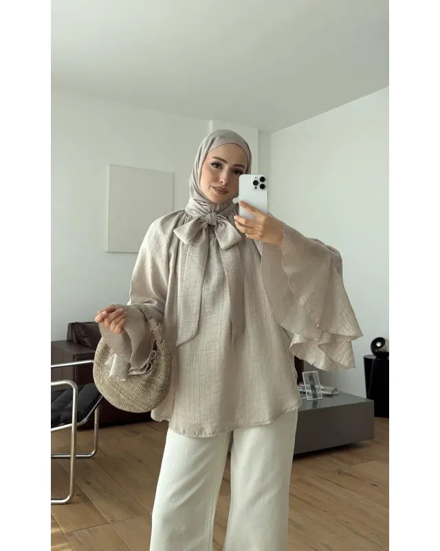 Soft Greige  Shirt with Ruffled Sleeves